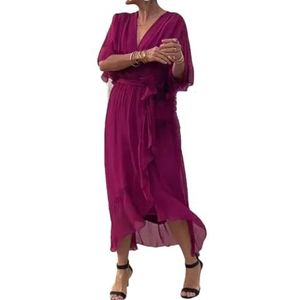 CupitiDU Stijlvolle en elegante maxi-jurk met V-hals, elegante vloeiende chiffon maxi-zomerjurk met korte mouwen voor dames, Rosé, 5XL