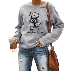 MLZHAN It's Fine I'm Fine Everything is Fine Dames Sweatshirt Grappig Explosief Haar Kat Print Shirts Lange Mouw Truien Top, Grijs, S