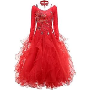 Rood,3XL,Hynyjxjy Ballroom Dansjurken Met Lange Mouwen Voor Dames Decals Wals Danskleding Tango Foxtrot Kostuums Met Strass Sociale Dansoutfit Met Geweldige Tule Swing
