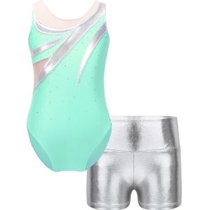 Gymnastiekpak voor meisjes, mouwloos, korte broek met strass-steentjes, balletdanskostuum, metallic, voor jongens, Groen (Lake Green), 6