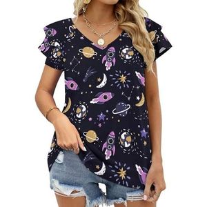Ruimte met planeten, sterren, raketten, maan grafische blouse top voor vrouwen V-hals tuniek top korte mouw volant T-shirt grappig