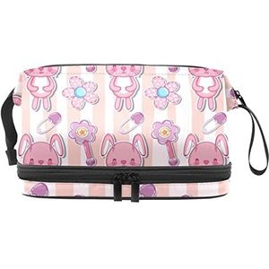 Dubbellaags Cosmetische Tas Leuke Baby Konijn Draagbare Make-up Tas Reizen Organizer Pouch Voor Vrouwen Meisjes Toiletries Tassen, Meerkleurig, 27x15x14 cm/10.6x5.9x5.5 in, Make-up zakje