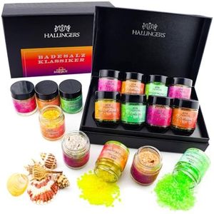 Hallingers Badzout, klassieker, roze, 8 soorten badzout, cadeauset met dode zeezouten, set van 8 badzouten in schroevendraaierblazers en doos (set), cadeau-ideeën voor Kerstmis & geschenken