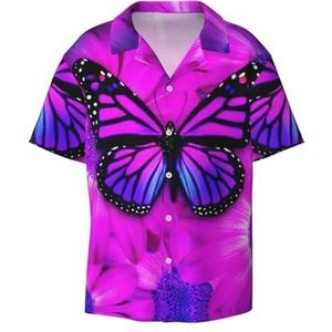 OdDdot Paarse vlinder en bloemenprint heren button down shirt korte mouw casual shirt voor mannen zomer business casual overhemd, Zwart, M