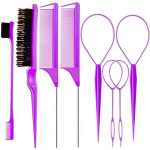 8 stuks haarborstels set met 4 stuks Topsy haarstaartgereedschappen, 1 stuk varkenshaar plagen haarborstel 1 stuks randcontroleborstel 2 stuks metalen pin rattenstaart kammen voor vrouw meisje