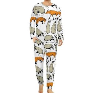 Leuke dassen en vossen patroon comfortabele heren pyjama set ronde hals lange mouwen loungewear met zakken 5XL
