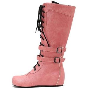 Dames Veterlaarzen Met Dubbele Gesp Klassieke Lange Laarzen Met Rits PU Leren Rijlaarzen Met Lage Hak Dames Retro Middeleeuwse Schoenen For Feestjes(Pink,43 EU)