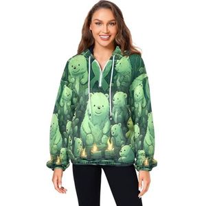 KAAVIYO Groene cartoon patronen beren pluizige jas pullover hoodie capuchon zakken donzig fleece sweatshirt ronde hals truien hoodies voor meisjes vrouwen, Patroon, L