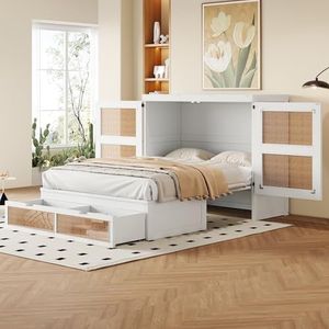 Crlnaup Kastbed, 140 x 200 cm, wandbed met lattenbodem, verticaal kastbed met lattenbodem, met opbergladen, rotan design, houten bedden, jeugdbedden, eenpersoonsbedden, wit