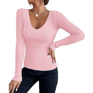 Herfst Winter Vrouwen Rib Knit V-hals Gestreepte Getrokken Trui Lange Mouw Trui Jersey Top Mode Kleding, roze, S