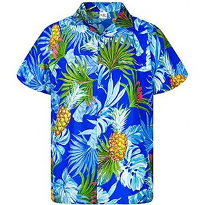 King Kameha funky informeel Hawaïaans shirt voor kinderen, jongens en meisjes met voorzak. Zeer opvallende korte mouwen unisex ananasbladeren palmen print, 6 jaar