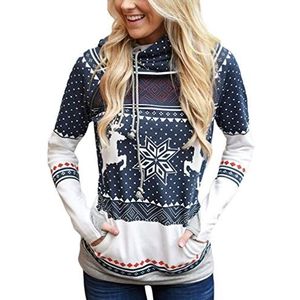 Hooded Trui Vrouwen Herfst Jonge Mode Feestelijke Party Trui Met Capuchon Sneeuwvlok Patroon Lange Mouwen Trui Hoodie Met Kangaroo Pocket, Donkerblauw, M