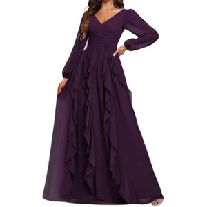 Prinses Bruidsmeisje Jurken Lange Mouw Prom Jurken V-hals Chiffon Formele Avond Party Maxi Jurk ZM208, Pruim, 32