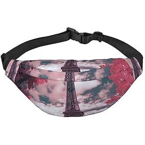 Roze landschap Eiffeltoren Print Grote Fanny Pack Verstelbare Crossbody Bag Heuptas voor Outdoor Sport, Zwart, One Size, Zwart, Eén maat