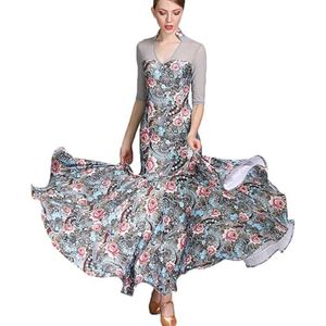 Yhsgscr Volwassen Ballroom Slim fit jurk Middellange mouwen flamenco Nationale Standaard Performance Outfit Tango Big Swing Rok voor Dames Bedrukt Wals danskostuum,Grijs,L