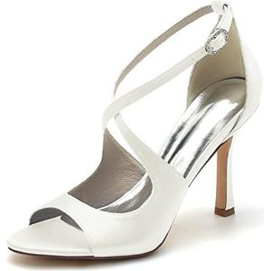 GHSIRUEU Vrouwen Hak Sandalen Cross enkelband sandalen Peep Toe Strappy hoge hakken Party Wedding Schoenen voor vrouwen,ivoor,41 EU