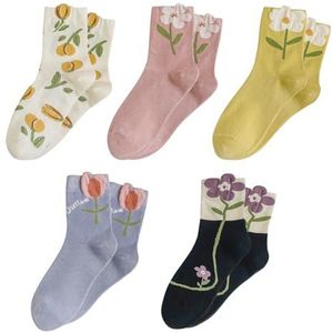 5 Paar Sokken Voor Dames,Leuke Bloemen Crew Sokken,Fancy Katoenen Sokken,Casual Sokken,Ademende Sokken Met Bloemenprint,Retro Bloemen Katoen Ronde Katoenen Sokken,Elastic Floral Socks Set