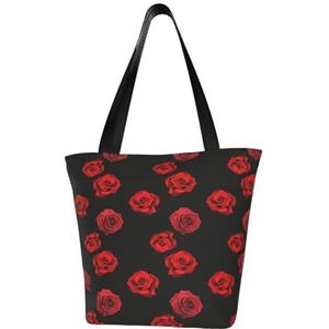 Schoudertas, canvas draagtas grote tas vrouwen casual handtas herbruikbare boodschappentassen, verspreide rode rozen op zwart, zoals afgebeeld, Eén maat