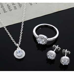 925 Sterling Zilver Cute Solid Christmas Gift Noble Fashion elegante vrouwen glanzende Crystal ketting Earring Ring sieraden Set-default