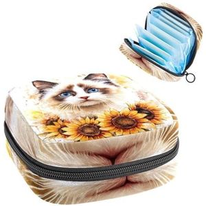 Draagbare maandverband opbergtas, menstruatiecup zakje vrouwelijke menstruatie pads tas voor tienermeisjes, tampons eerste menstruatie kit, aquarel kat met zonnebloemen bloemen