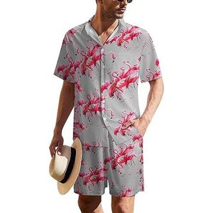 Flamingo Hawaïaans pak voor heren, set van 2 stuks, strandoutfit, shirt en korte broek, bijpassende set