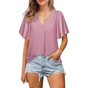 HHuiXinXue Elegante casual chiffon blouse voor dames, V-hals, korte mouwen, eenkleurige blouses, tops, mode, zomerkostuums, roze, L