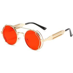 XINQIK Gekleurde zonnebril heren ronde frame punk zonnebril uitgehold dubbele veer metalen zonnebril voor vrouwen zonnebril (rood)