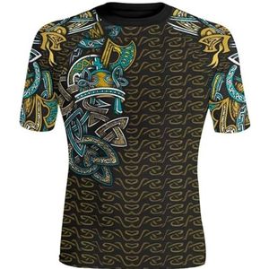 Noorse Mythologie Thor's Hamer T-shirt, Viking 3D-geprinte Tattoo Totem Voor Heren Casual Ronde Hals Korte Mouwen, Middeleeuws IJsland Verfrissend Sneldrogend T-shirt (Color : Viking C, Size : S)