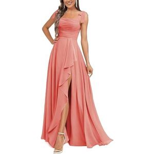 KURFACE Chiffon bruidsmeisjesjurken voor dames met split ruches lange bruidsmeisje vloerlengte formele feestjurk, Koraal, 32
