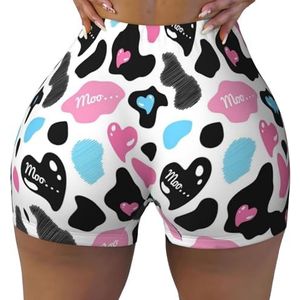 ELRoal Elastische sportshorts voor dames, koeienhuid met hart, Moo Love print, trainingsshorts voor dames, ademende en sneldrogende yogabroek, Zwart, XXL-3XL kort