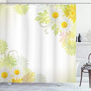 RADEMA Witte bloemen, gele bloemen, douchegordijn, antischimmel, douchegordijn, abstracte stijl, 3D, waterdichte douchegordijnen, 120 x 200 cm, geschikt voor badkamers met 8 plastic haken