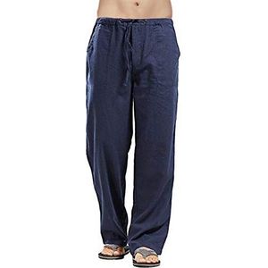 SINGOing Casual linnen broek heren katoenen broek effen harembroek baggy vrijetijdsbroek ademende zomerbroek losse strandbroek lichte lange broek (donkerblauw A, L)