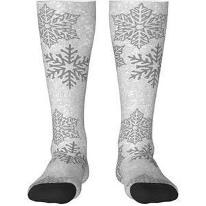 YsoLda Kousen Compressie Sokken Unisex Knie Hoge Sokken Sport Sokken 55Cm Voor Reizen, Kerst Sprankelende Zilver Grijs En Witte Sneeuwvlokken, zoals afgebeeld, 22 Plus Tall