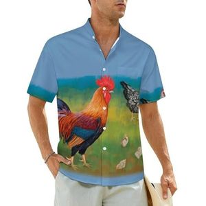 Haan met kippen schilderij heren shirts korte mouwen strand shirt Hawaii shirt casual zomer T-shirt 2XL