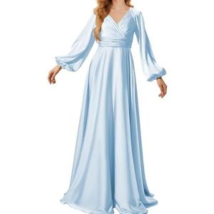 Prinses Bruidsmeisje Jurken Lange Mouw Galajurken V-hals Satijn Formele Avondfeest Maxi Jurk ZM199, Lichtblauw, 32