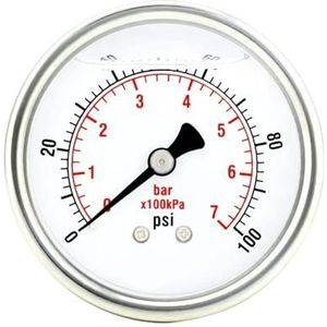 kaliber 2"", roestvrijstalen behuizing, vloeistofvulling, montage aan de achterkant, 100 psi-