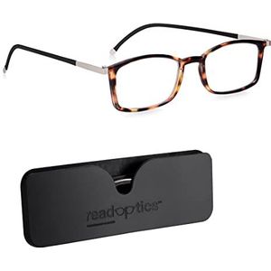 Read Optics Leesbril voor dames en heren, beschermende blauwlichtbril voor gaming, computer en schermen, zwart, bruin, superdun, plat inklapbaar, +0.0 tot +2.5, Tortoiseshell