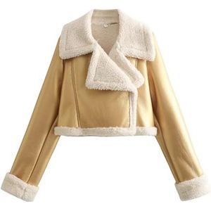 Warme Korte Winterjas for Dames, Gevoerd Met Imitatieleer en Kraag Met Omslag(Gold,XS)