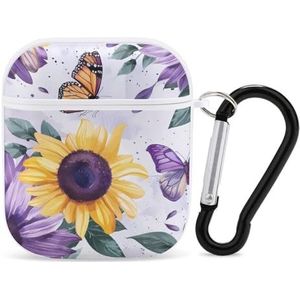 Vlinder Paars Zonnebloemen Leuke Case Voor AirPods 2&1 Shockproof Beschermende Hoofdtelefoon Gevallen Cover Met Sleutelhanger Voor Mannen Vrouwen