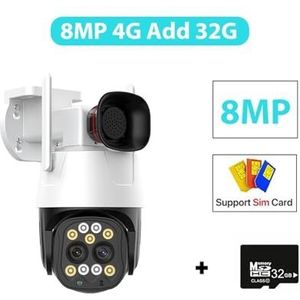 Bewakingscamera, 4K 8MP 4G Sim-kaart Camera Buiten 2.8mm-8mm Dual Lens 10X Zoom IP Camera AI Tracking Audio Beveiliging CCTV Camera H.265(8MP 4G Add 32G)
