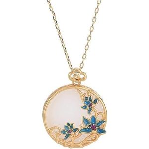 Chinese hanger ketting, ketting sieraden, Chinese stijl ketting Wit goud blauwe bloemen retro onregelmatige hanger geluk ketting china geluk ketting for meisje kerst jurk ornamenten cheongsam