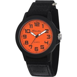 Ravel - Moderne werkkleding herenhorloge met Easy-Fasten Strap - Analoog Quartz - R1601.65, Zwart/Oranje Wijzerplaat