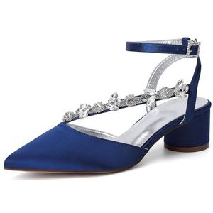 Womens Mid Block Heel Trouwschoenen voor Bruid Satijnen Enkelbandje Puntige Neus Jurk Avondfeest Slingback Hof Schoenen,Marine,36 EU