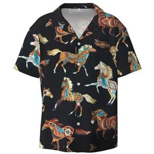OdDdot Bruin paard print heren button down shirt korte mouw casual shirt voor mannen zomer business casual overhemd, Zwart, 4XL