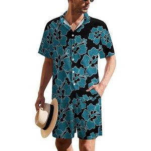 Glitter Hibiscus Hawaïaans pak voor heren, set van 2 stuks, strandoutfit, shirt en korte broek, bijpassende set