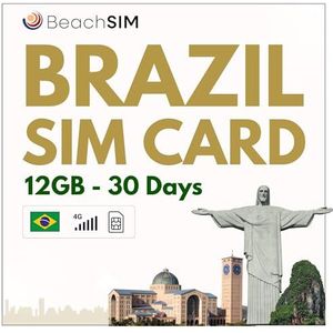 BeachSIM Brazilië simkaart 30 dagen. 12 GB data met 4G/5G-snelheden. Gratis roaming in Chili, Peru en 9+ landen in Latijns-Amerika. Alleen data simkaart.
