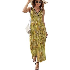 Gouden pauwenveren dames lange jurk mouwloze maxi-jurk zonnejurk strand feestjurken avondjurk XL