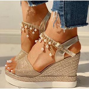 Sandalen met plateauzool,Dames sandalen met sleehak, damesschoenen met open neus, goud, 40,Platformschoenen met gesloten neus