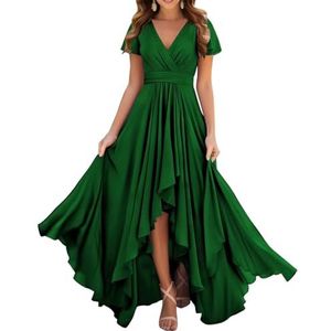 Dames chiffon bruidsmeisjes jurken met split lange galajurken ruches cocktailjurk plus size, Emerald Groen, 32