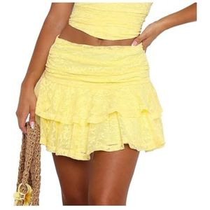 ABPWO Vrouwen Gele Mini Rokken Y2K Geplooide Ruche Bloemen Kant Korte Rokken Laagbouw Gelaagde Vloeiende Rokken Fairy Rok, Geel, S